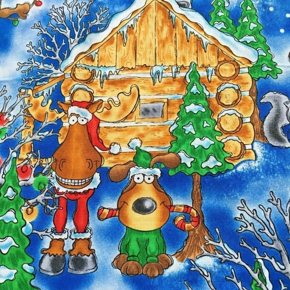 Christmas Fabric Moose Camping Log Cabin 100% Cotton Winter Colourful Fabricland - Picture 1 of 10